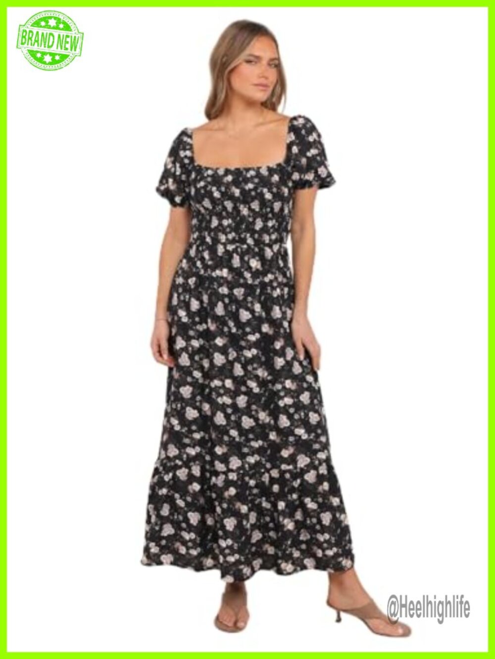 Puff Sleeve Maxi Dress Square Neck Shirred Bodice Empire Waist